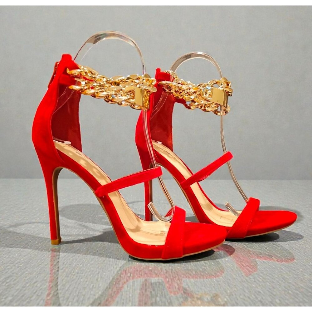Red High Heel Sandals With Gold Chain Ankle Strap - Picture 4 of 10
